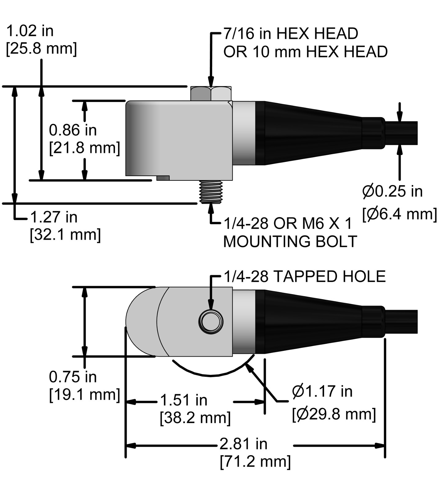 A drawing showing the dimensions and pin configuration of a CTC AC194 industrial accelerometer.