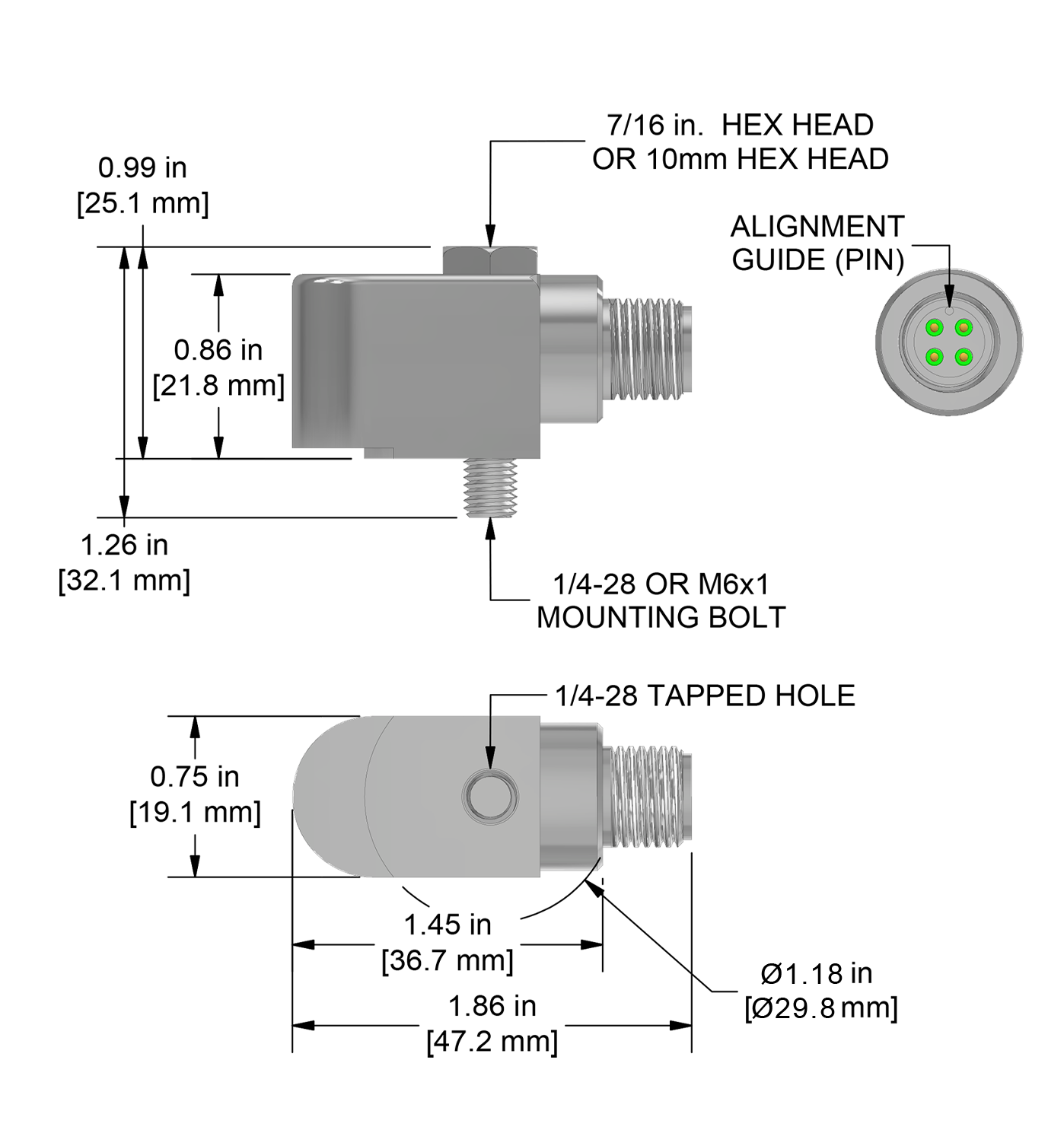 A drawing showing the dimensions and pin configuration of a CTC AC198-M12A industrial accelerometer.