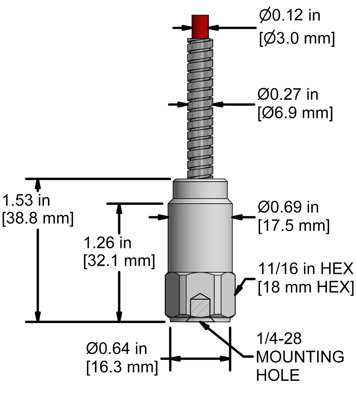 A drawing showing the dimensions and pin configuration of a CTC AC292 industrial accelerometer.