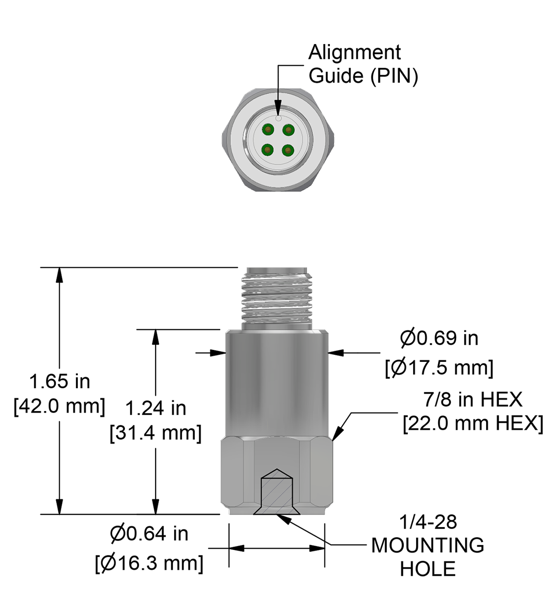A drawing showing the dimensions and pin configuration of a CTC AC192-M12A industrial accelerometer.