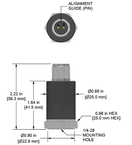A drawing showing the dimensions and pin configuration of a CTC MA233-1A industrial accelerometer.