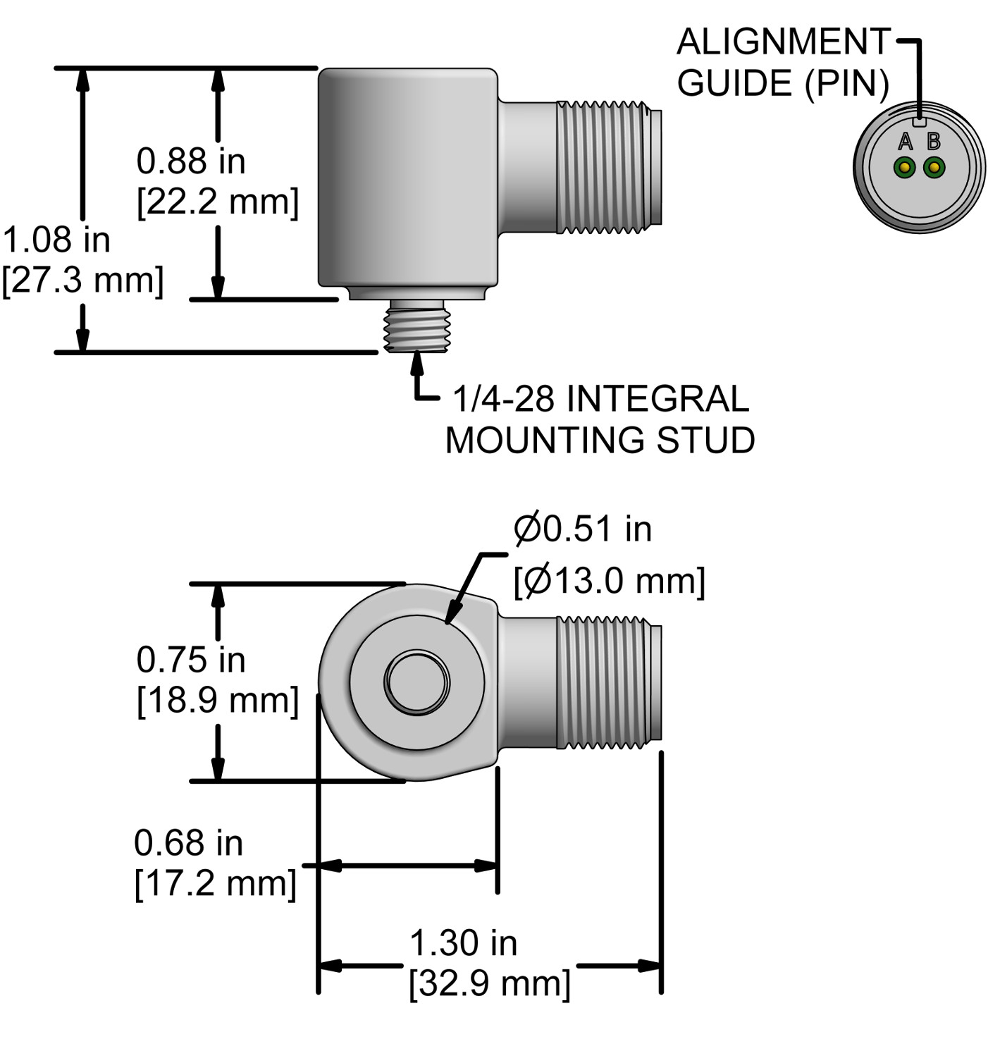 A drawing showing the dimensions and pin configuration of a CTC UEA334 industrial accelerometer.