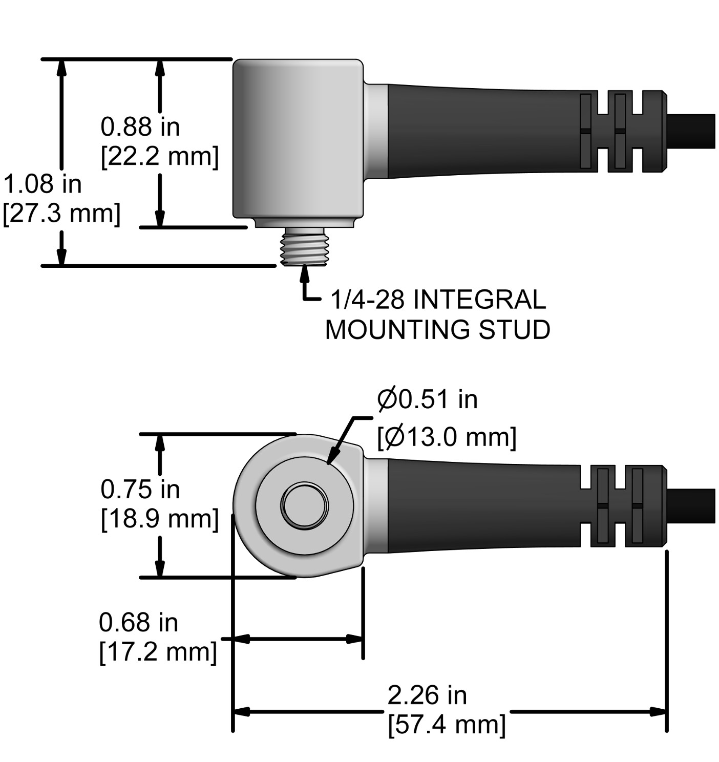 A drawing showing the dimensions and pin configuration of a CTC UEA334 industrial accelerometer.