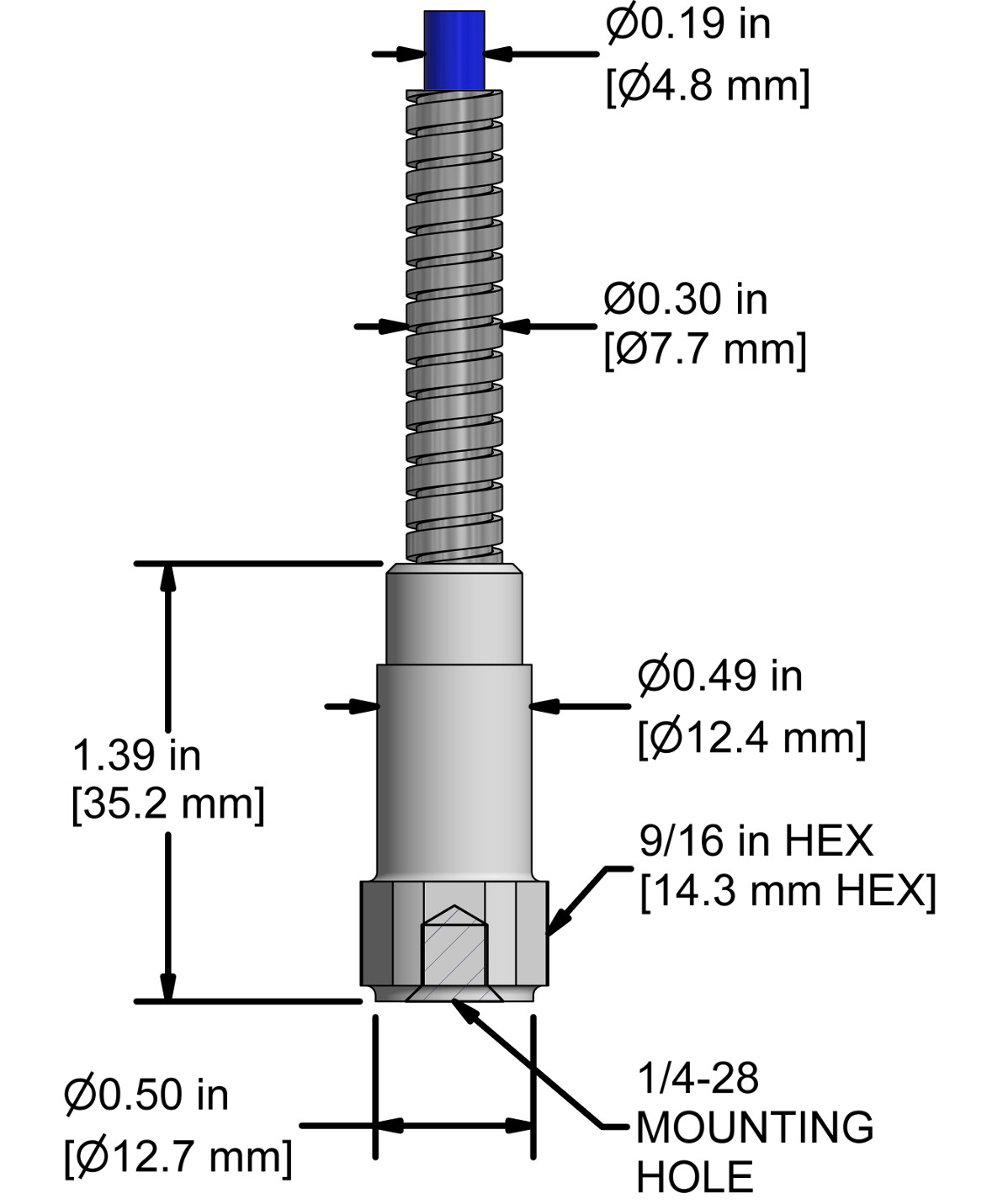 A drawing showing the dimensions and pin configuration of a CTC AC940 industrial accelerometer.