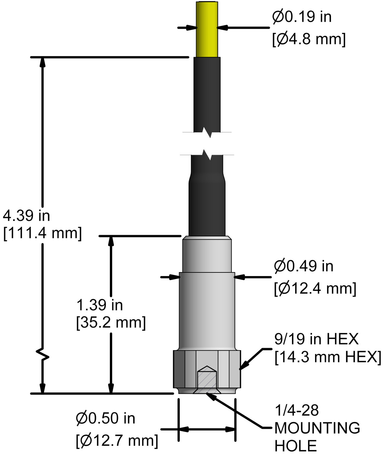 A drawing showing the dimensions and pin configuration of a CTC AC140 industrial accelerometer with FEP jacketed integral cable.