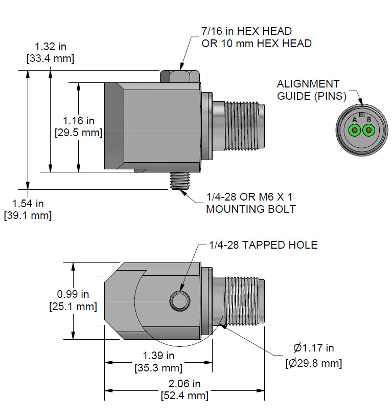 A drawing showing the dimensions and pin configuration of a CTC AC204 industrial accelerometer.