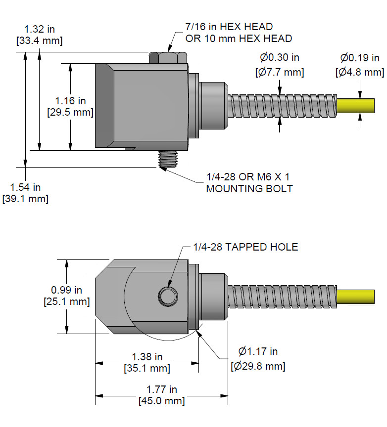 A drawing showing the dimensions and pin configuration of a CTC AC134 industrial accelerometer.