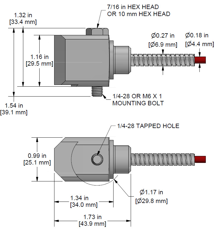 A drawing showing the dimensions and pin configuration of a CTC AC134 industrial accelerometer.