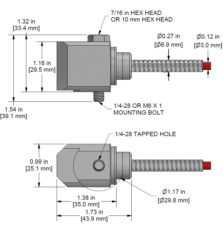 A drawing showing the dimensions and pin configuration of a CTC AC204 industrial accelerometer.