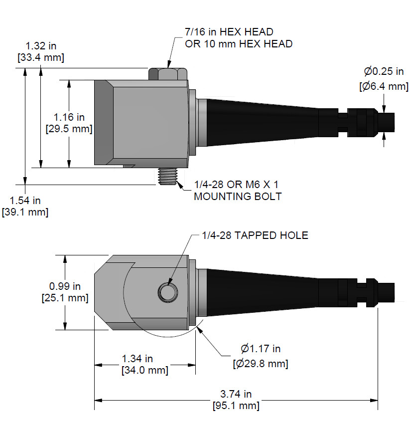 A drawing showing the dimensions and pin configuration of a CTC AC204 industrial accelerometer.