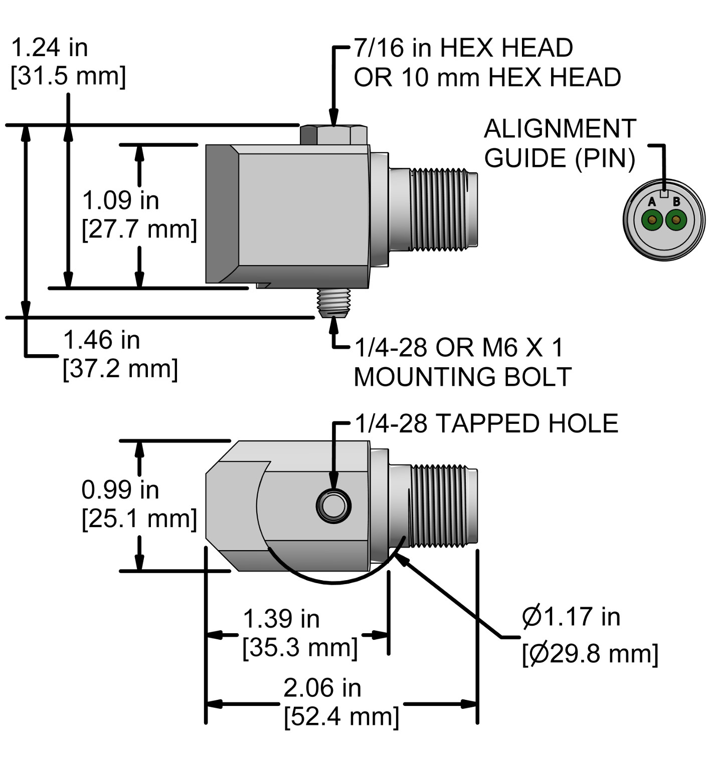 A drawing showing the dimensions and pin configuration of a CTC AC104 industrial accelerometer.