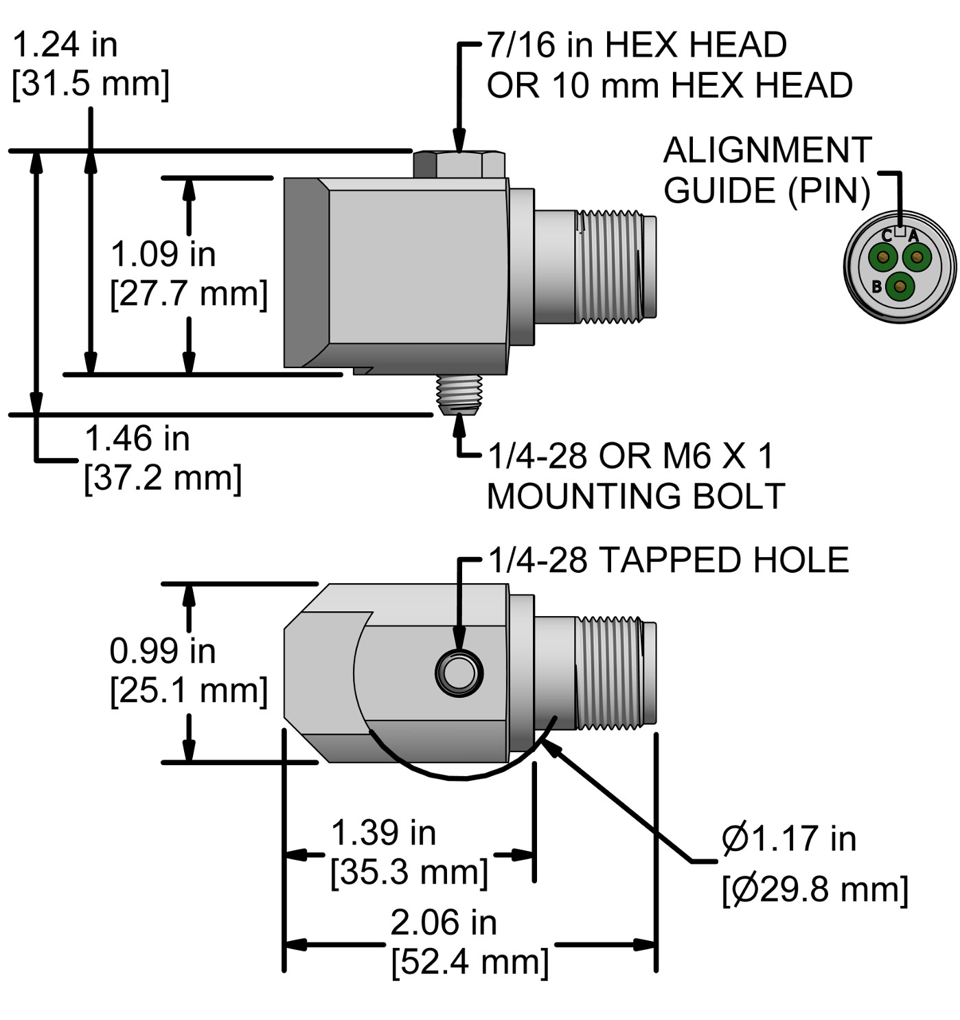 A drawing showing the dimensions and pin configuration of a CTC LP264 4-20 mA loop power sensor with standard connector.