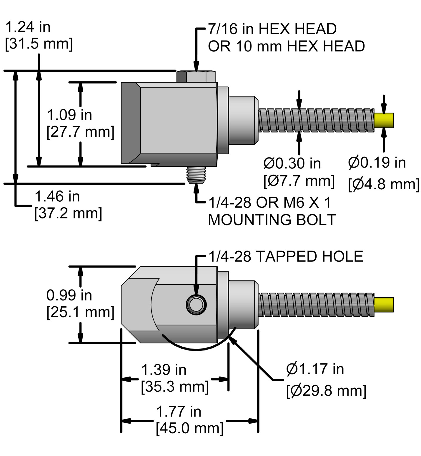 A drawing showing the dimensions and pin configuration of a CTC AC104 industrial accelerometer with heavy duty armored integral cable.