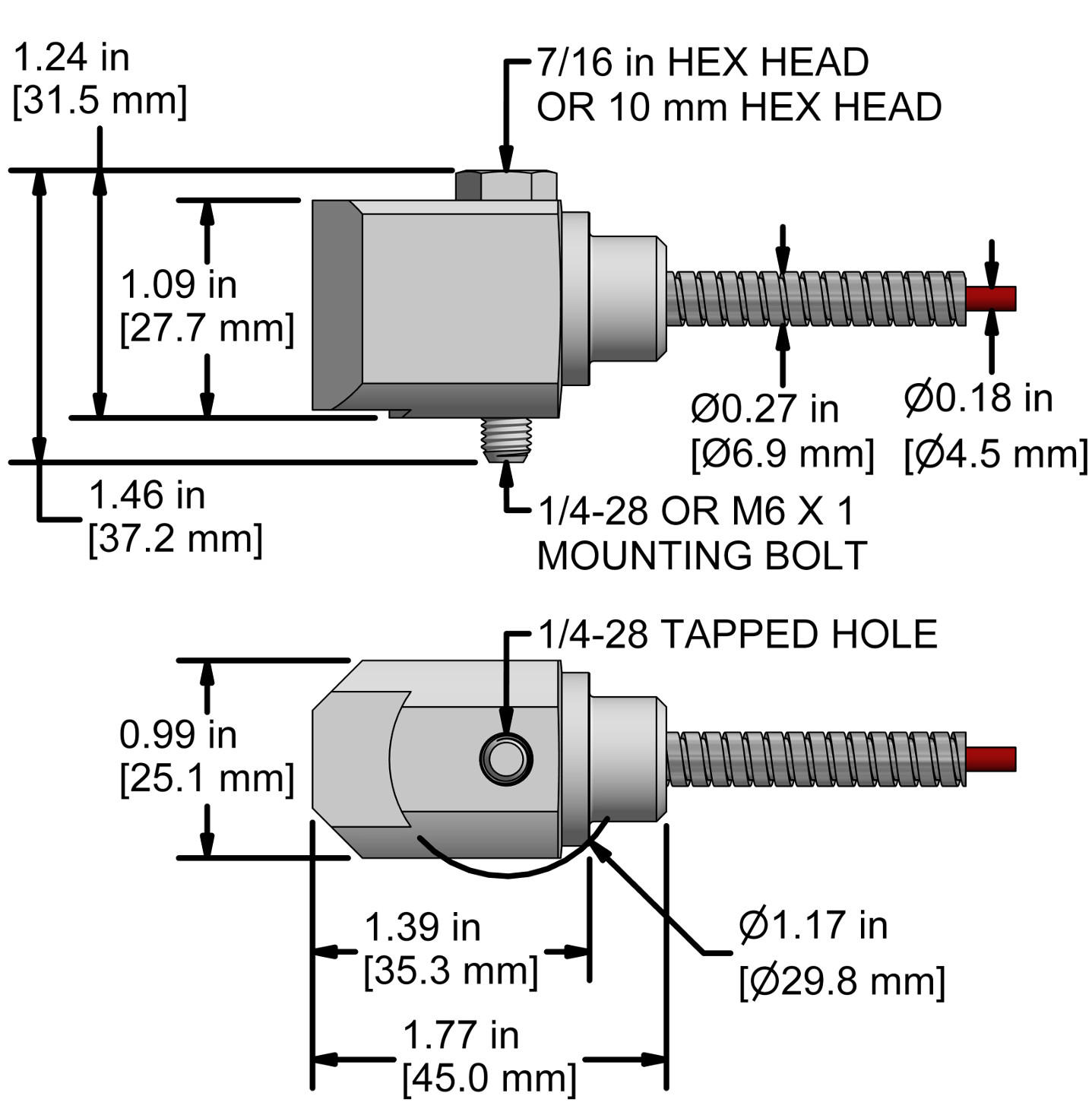 A drawing showing the dimensions and pin configuration of a CTC LP264 4-20 mA loop power sensor with armored integral cable.