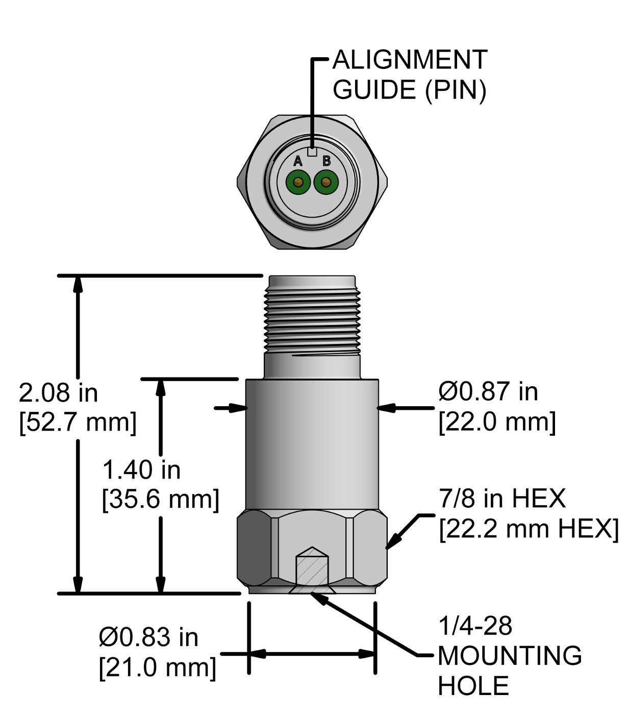 A drawing showing the dimensions and pin configuration of a CTC VE801 industrial accelerometer.