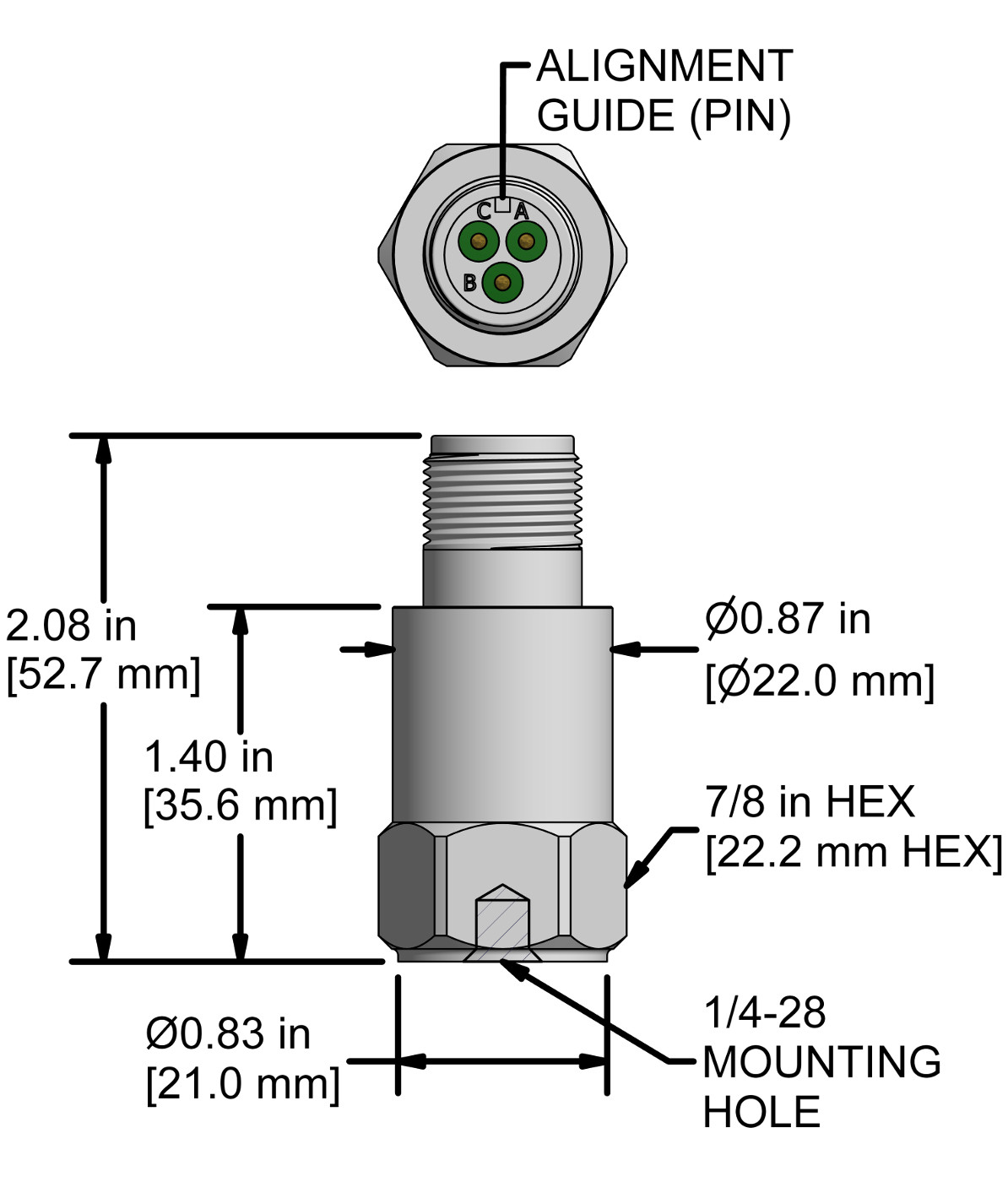 A drawing showing the dimensions and pin configuration of a CTC LP262 4-20 mA loop power sensor with standard connector.