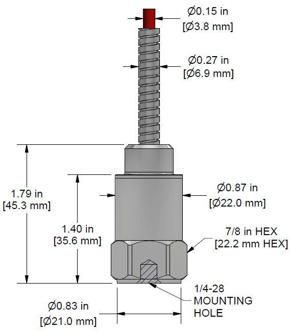 A drawing showing the dimensions and pin configuration of a CTC LP262 4-20 mA loop power sensor with armored integral cable.