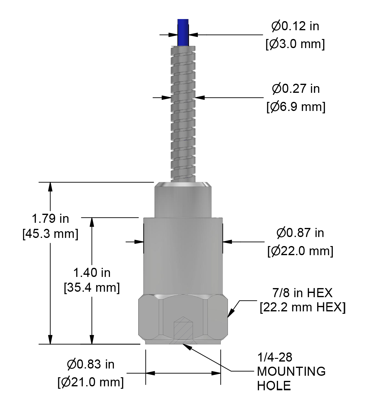 A drawing showing the dimensions and pin configuration of a CTC VE801 industrial accelerometer.