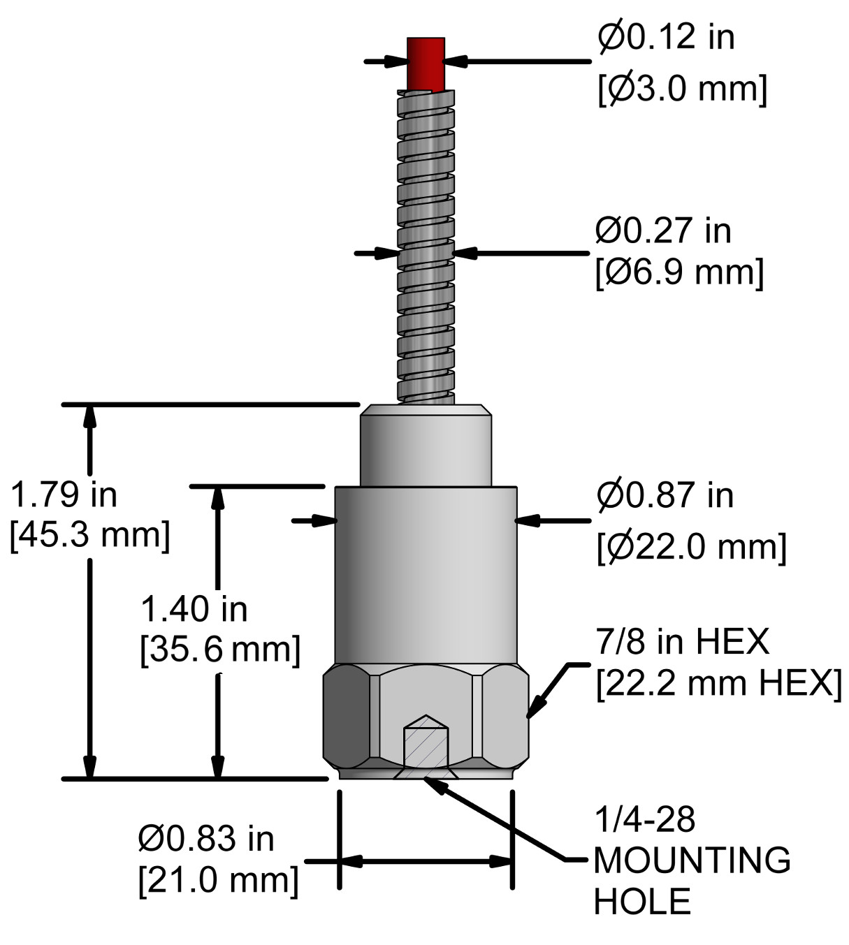 A drawing showing the dimensions and pin configuration of a CTC AC133 industrial accelerometer.