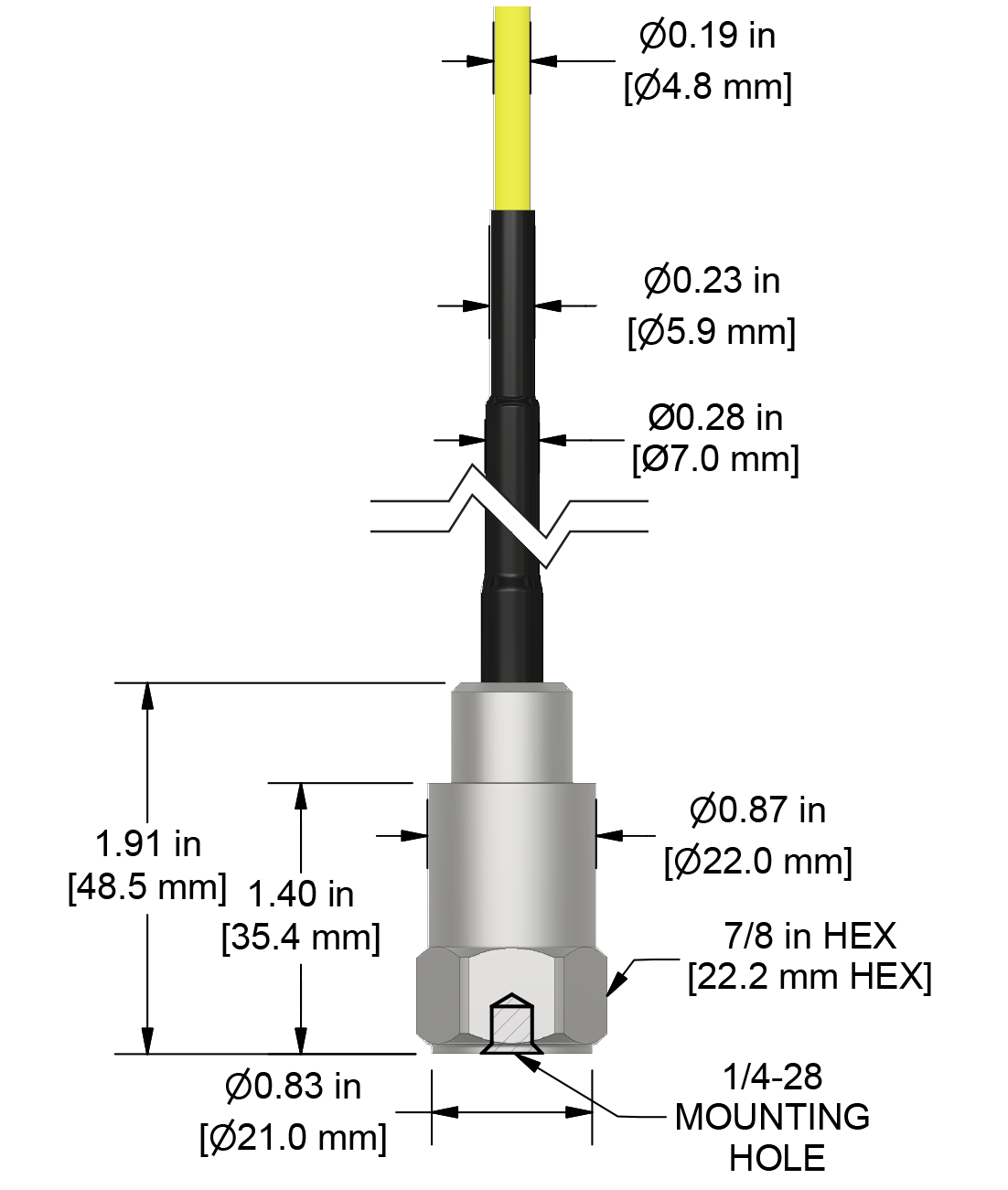A drawing showing the dimensions and pin configuration of a CTC AC133 industrial accelerometer with FEP jacketed integral cable.