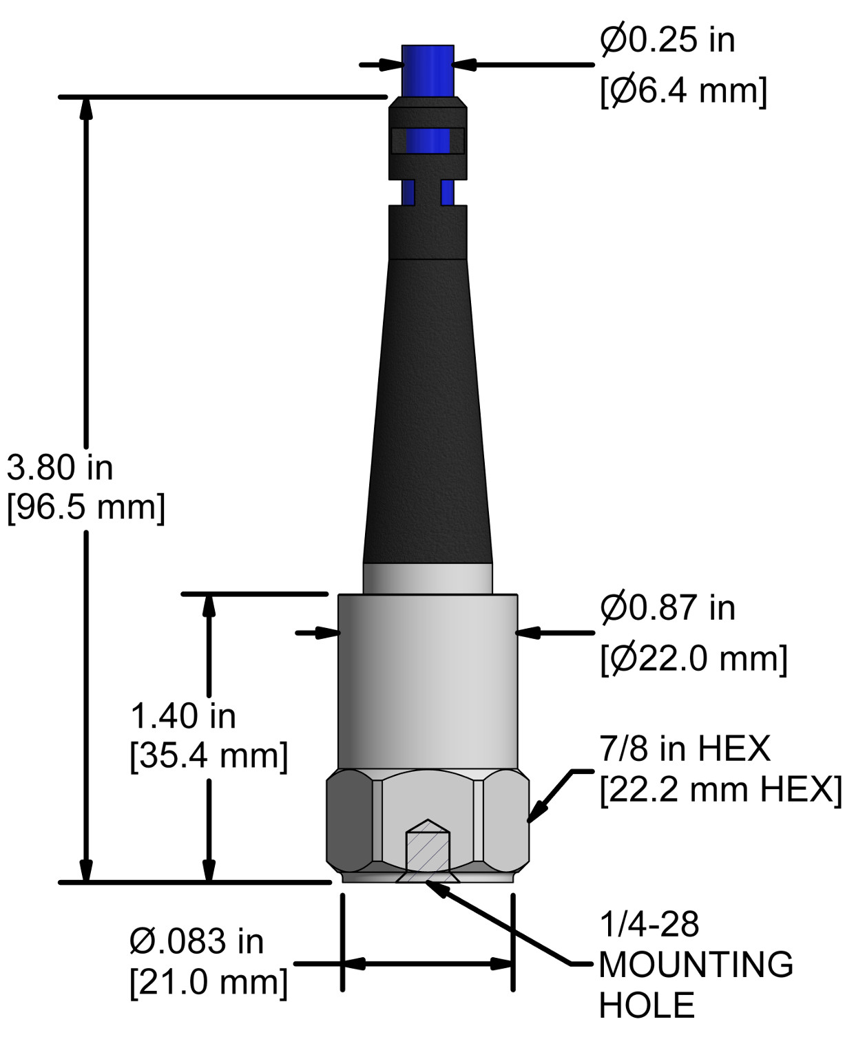 A drawing showing the dimensions and pin configuration of a CTC AC935 industrial accelerometer with integral cable.