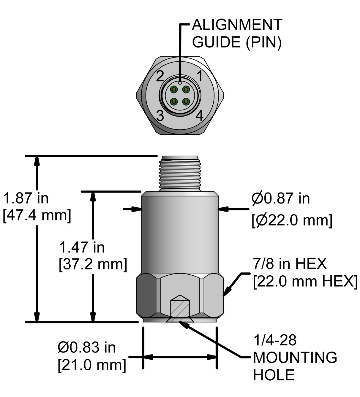 A drawing showing the dimensions and pin configuration of a CTC TR102-M12A industrial accelerometer.