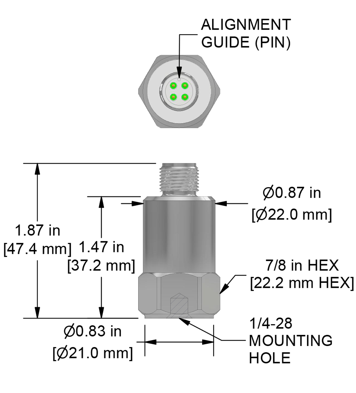 A drawing showing the dimensions and pin configuration of a CTC AC131-M12A industrial accelerometer.