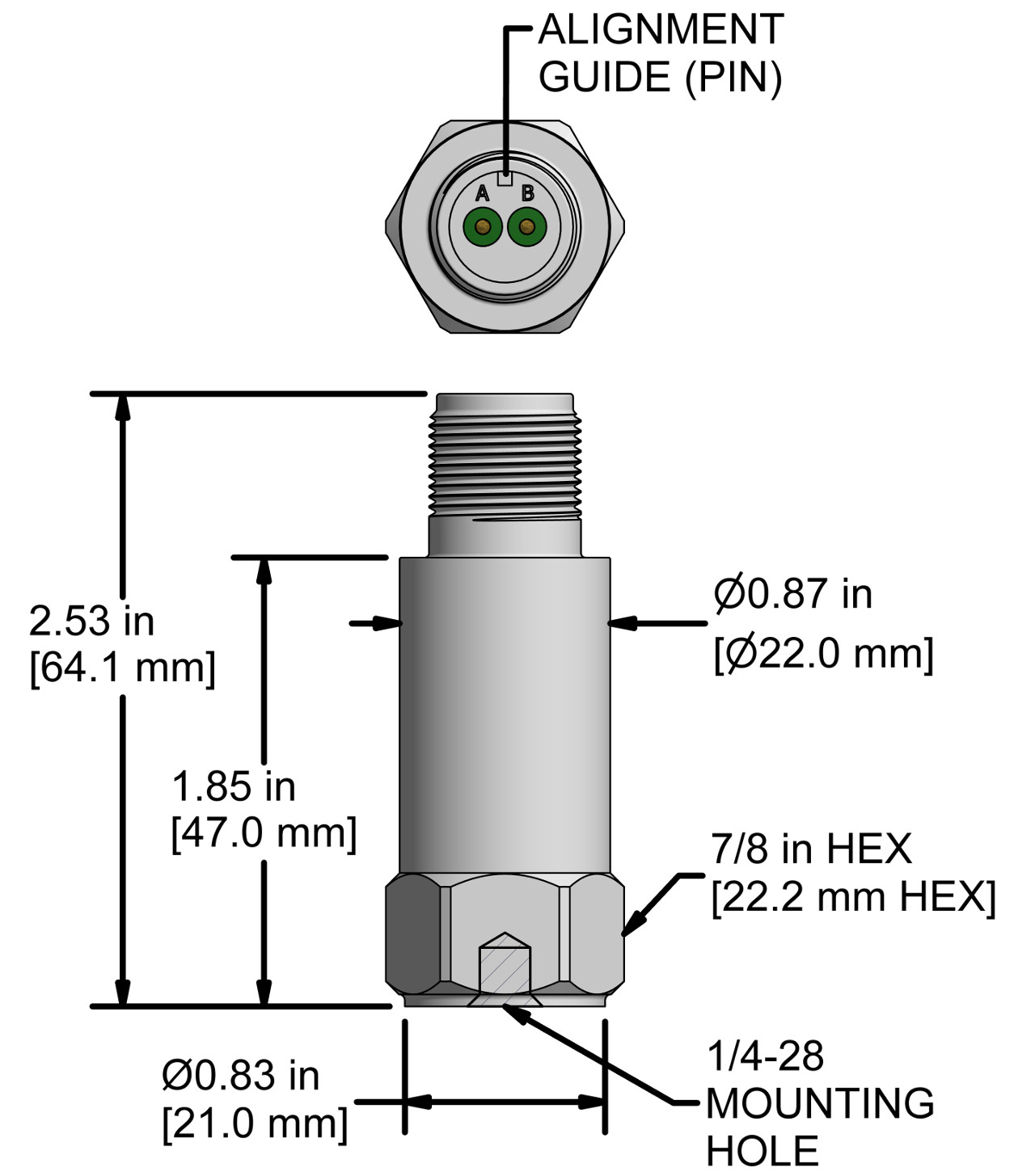 A drawing showing the dimensions and pin configuration of a CTC LP822 industrial accelerometer.