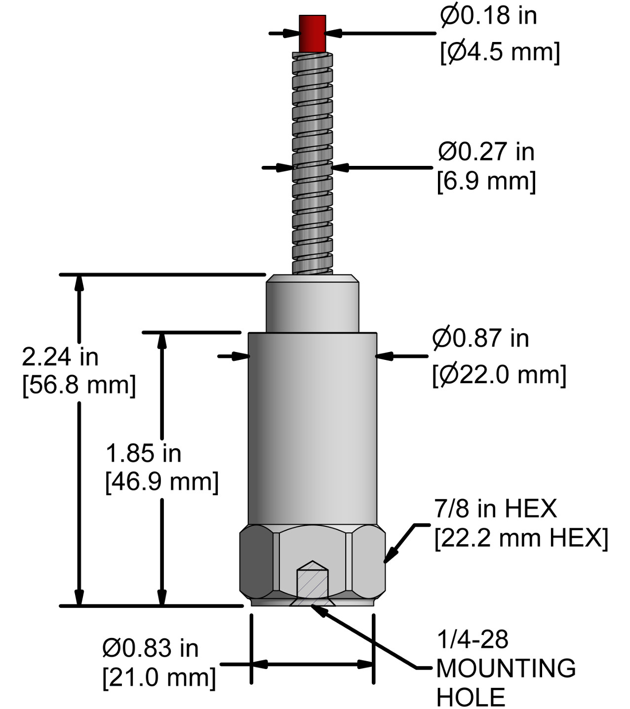 A drawing showing the dimensions and pin configuration of a CTC LP822 industrial accelerometer with armored integral cable.