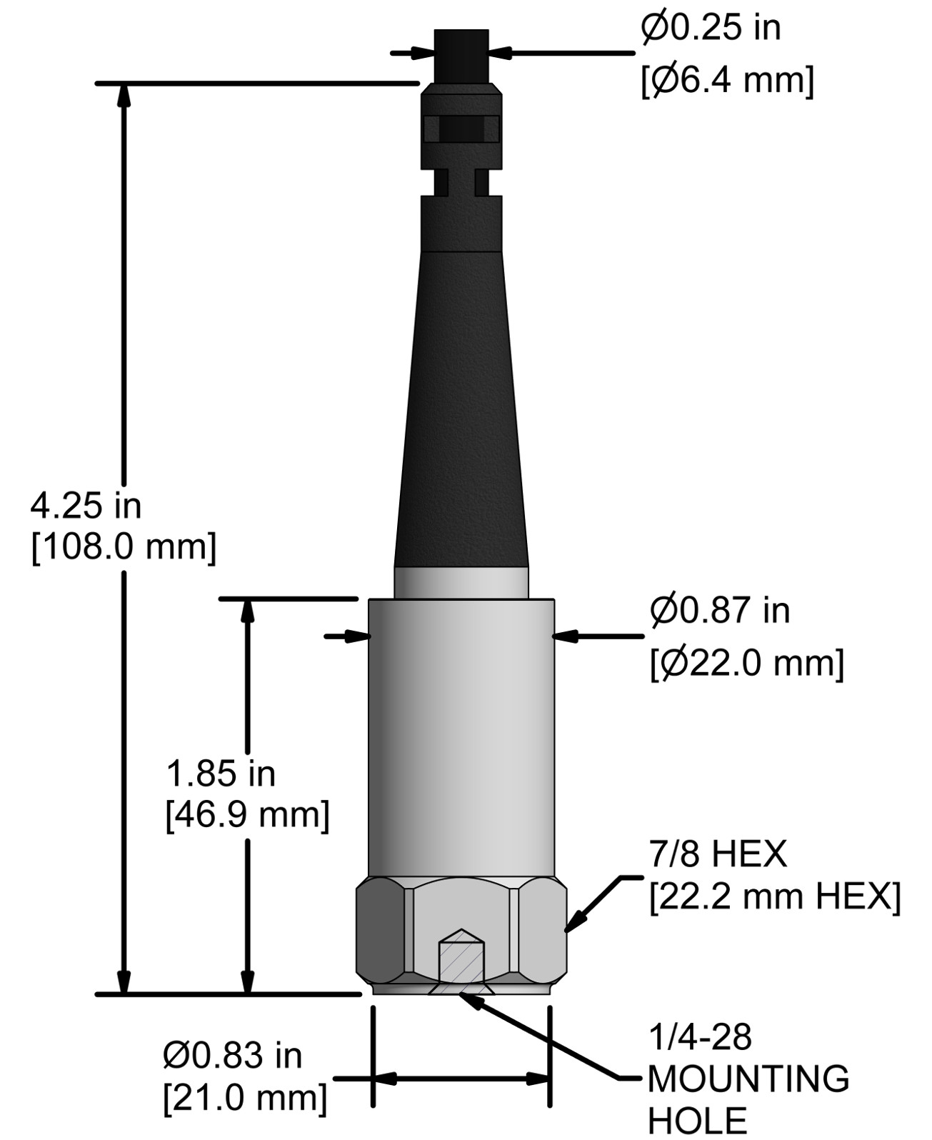 A drawing showing the dimensions and pin configuration of a CTC LP802 industrial accelerometer with integral cable.