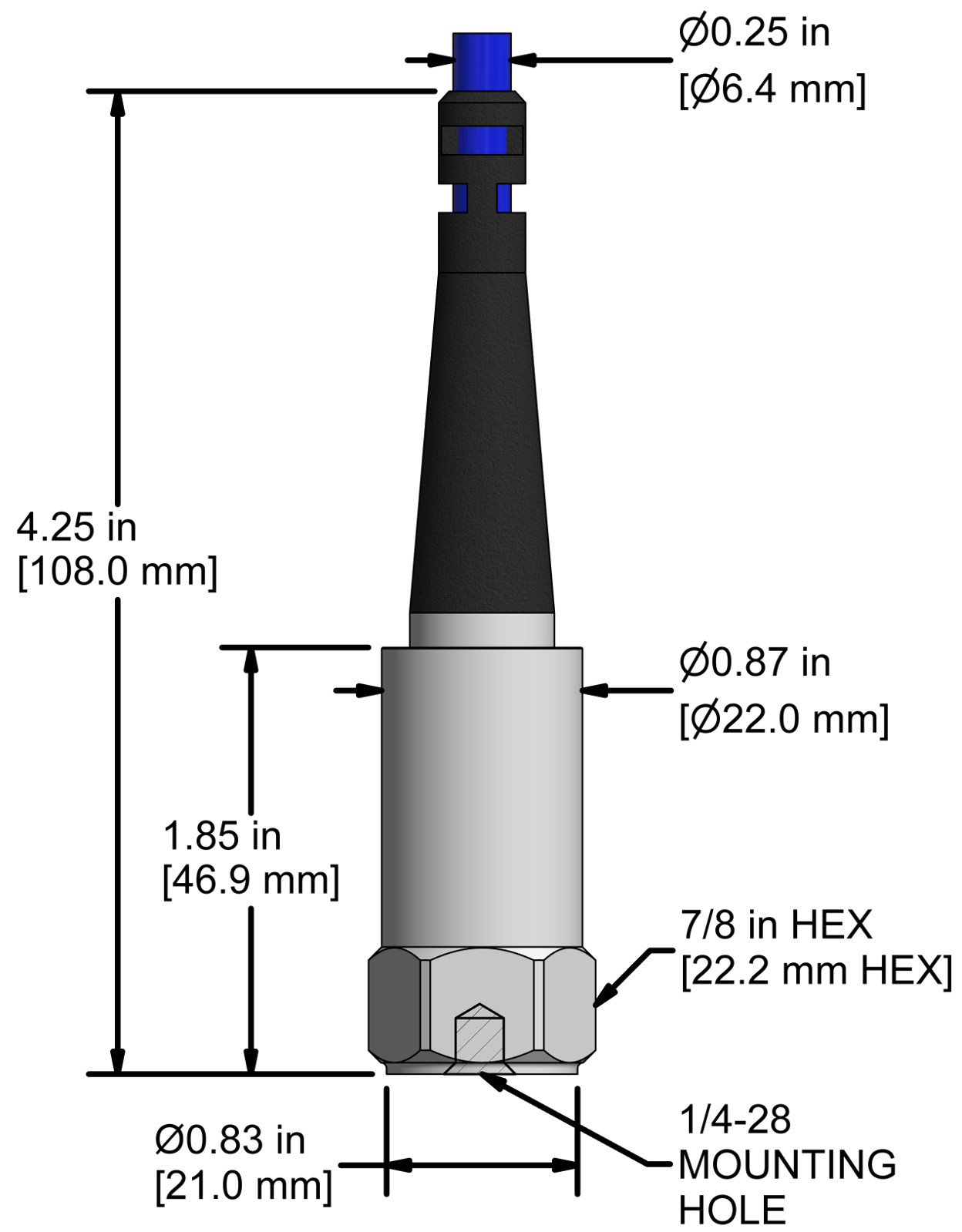 A drawing showing the dimensions and pin configuration of a CTC LP822 industrial accelerometer with integral cable.