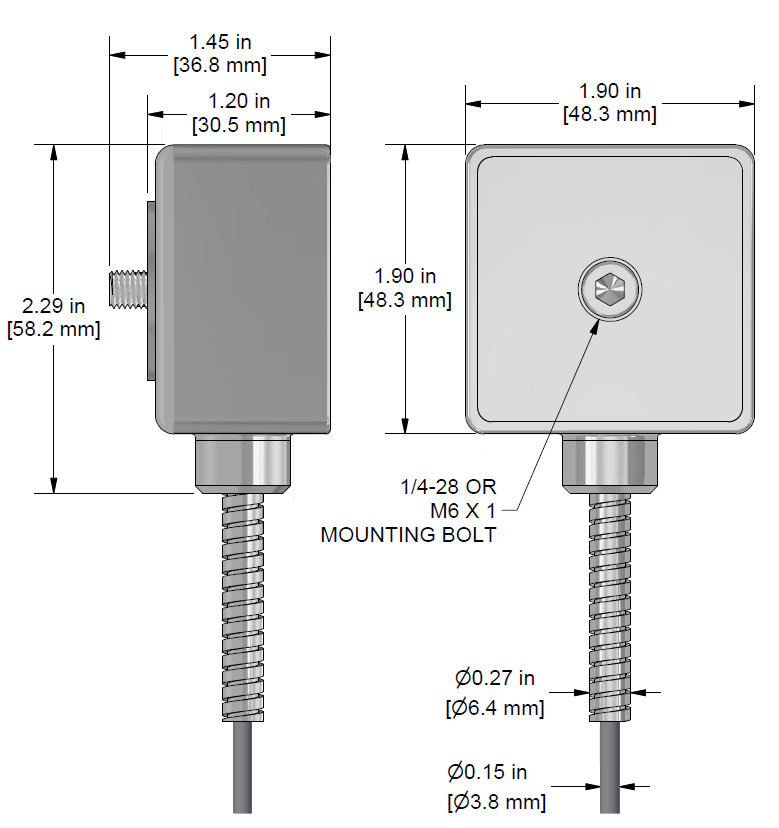 A drawing showing the dimensions and pin configuration of a CTC TXFA331-VT industrial accelerometer.