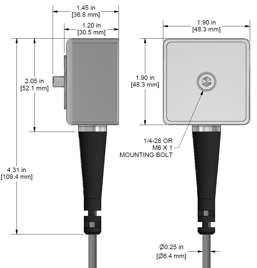 A drawing showing the dimensions and pin configuration of a CTC TXFA331-VT industrial accelerometer.