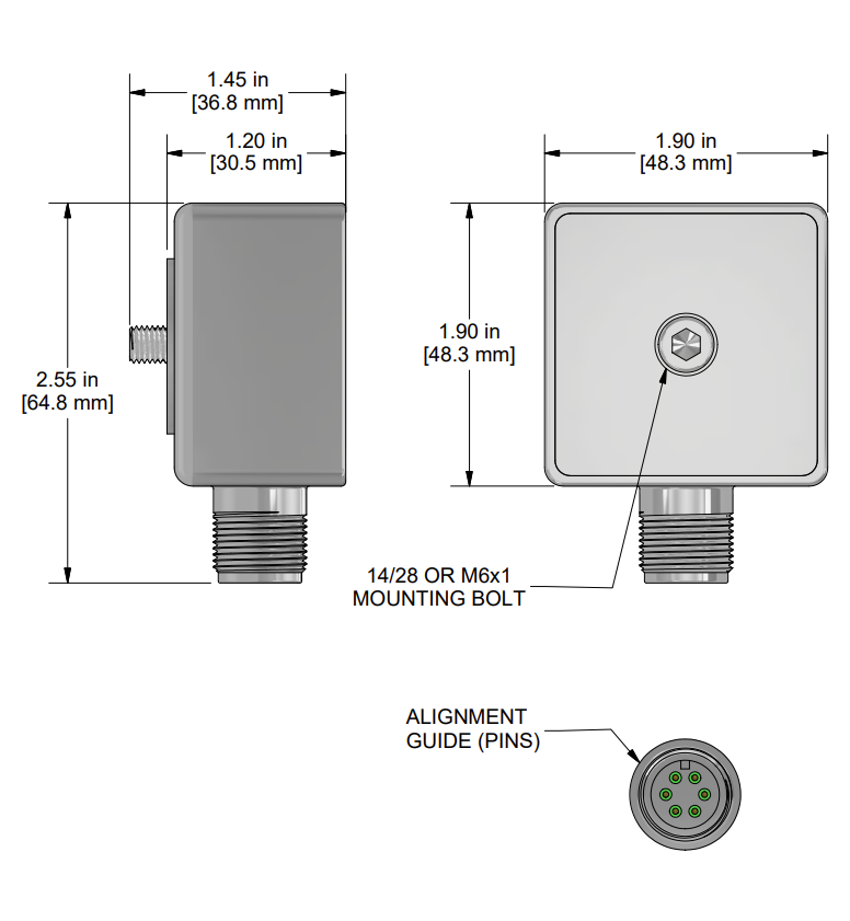 A drawing showing the dimensions and pin configuration of a CTC TXFA331-VT industrial accelerometer.