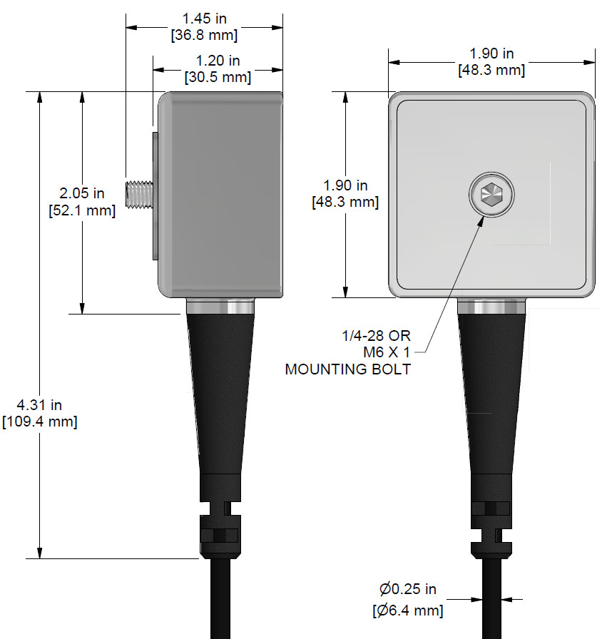 A drawing showing the dimensions and pin configuration of a CTC TXFA331-VE industrial accelerometer.
