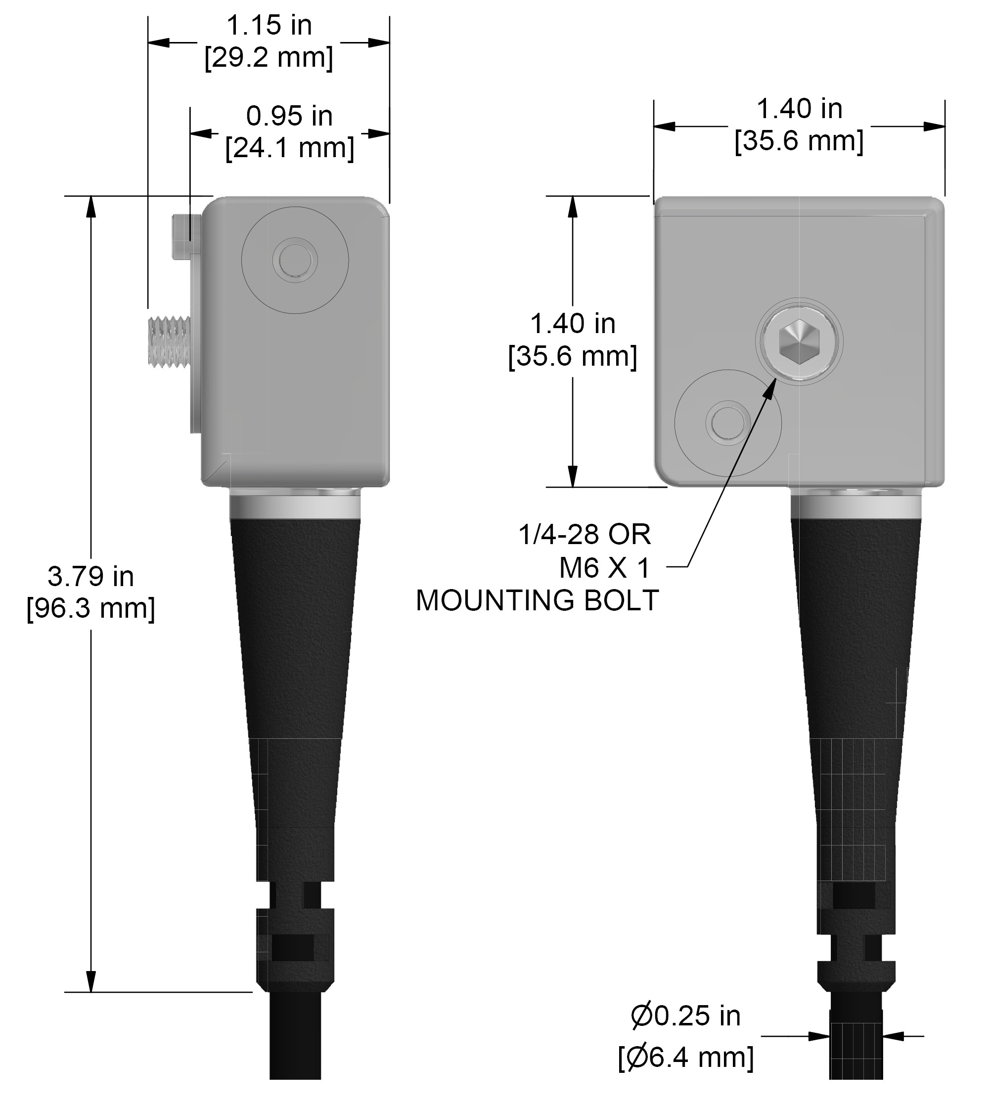 A drawing showing the dimensions and pin configuration of a CTC AC115 industrial accelerometer.