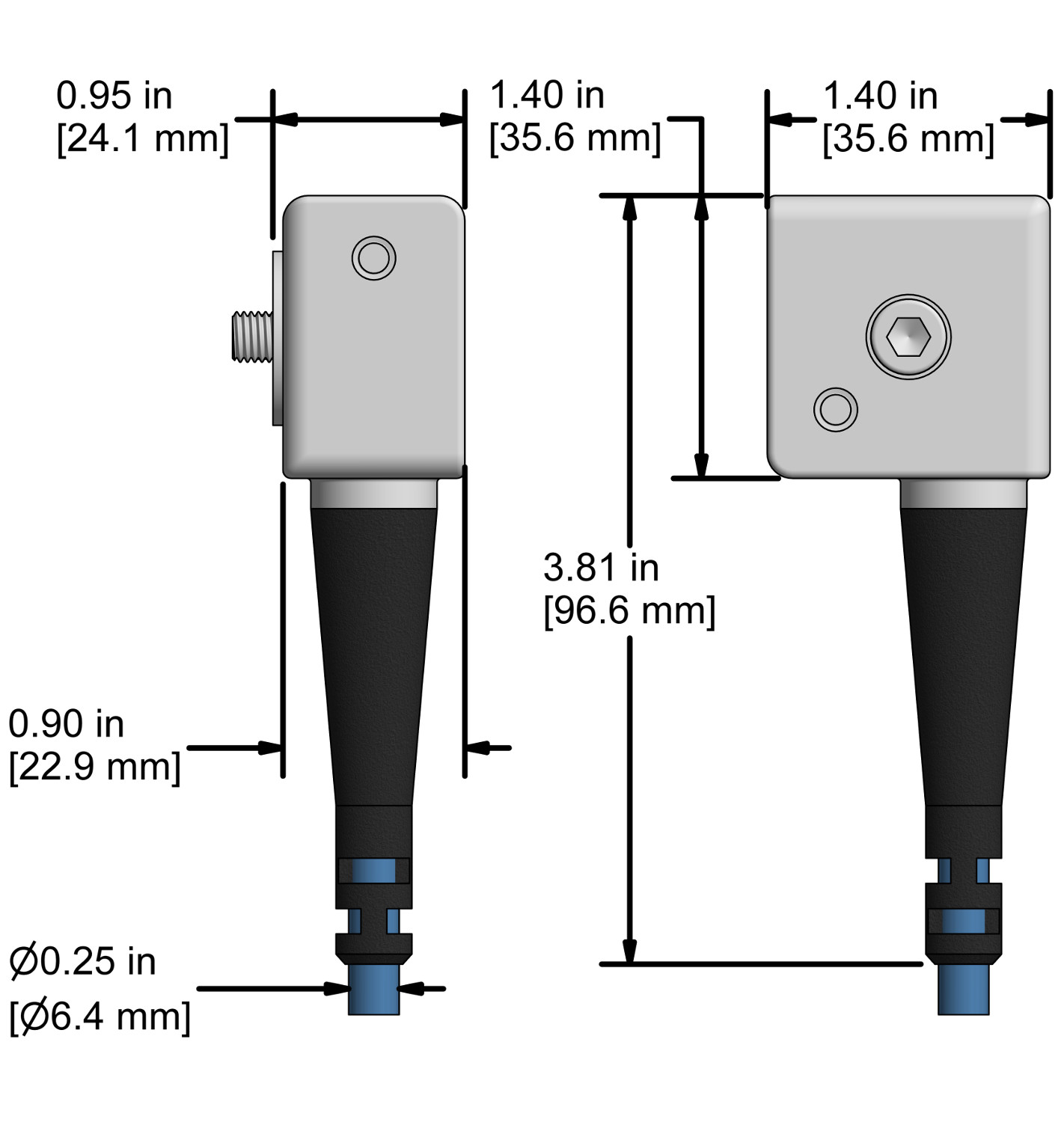A drawing showing the dimensions and pin configuration of a CTC AC949 industrial accelerometer.