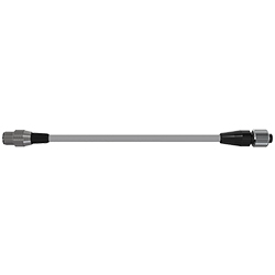 A side view of a CMX2155 data collector adapter with a metal connector with black strain relief on the left end, and a black molded connector with a stainless steel locking ring on the right end, on a gray CTC cable.