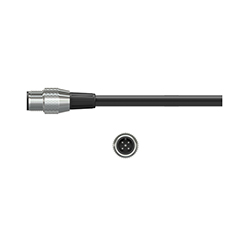 A side view of a stainless steel C558 data collector connector on a black CTC cable, above a front view of the connector showing the 5 pins.