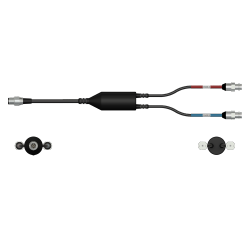 A side view of a CMX2273 data collector cable with one black cable and silver connector to the left side, with a splitter in the middle of the cable, and two black cables with silver metal connectors extending out of the right side of the splitter.
