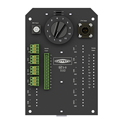 A render of a JB908 series junction box board with 4 terminal blocks.