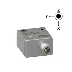 A render of a CTC AC115-M12D stainless steel, side exit triaxial industrial accelerometer with axis orientation diagram.