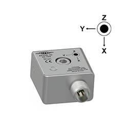 A render of a CTC AC233 stainless steel, side exit triaxial industrial accelerometer with axis orientation diagram.
