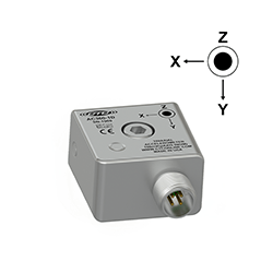 A render of a CTC AC360 stainless steel, side exit triaxial industrial accelerometer with axis orientation diagram.