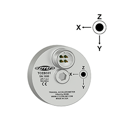A render of a CTC TCEB331 stainless steel, circular triaxial accelerometer with axis orientation diagram.
