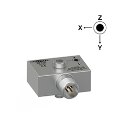 A render of a CTC TREA330 stainless steel, miniature size, side exit triaxial accelerometer with axis orientation diagram.