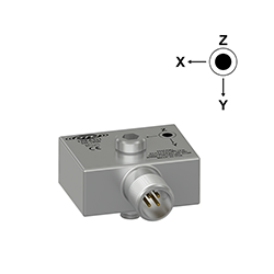 A render of a CTC TREA331 stainless steel, miniature size, side exit triaxial accelerometer with axis orientation diagram.
