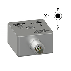 A render of a stainless steel CTC TXE331-VT dual output vibration sensor with cartesian coordinates.