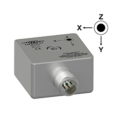 A render of a CTC TXFA331-VT stainless steel, standard size, side exit triaxial accelerometer with axis orientation diagram.