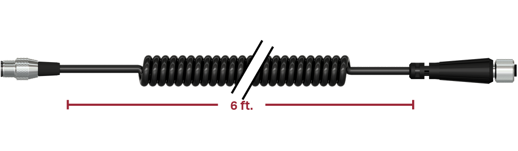 A render of a CTC CB117-C614-006-C640 cable and connector assembly with coiled cable.